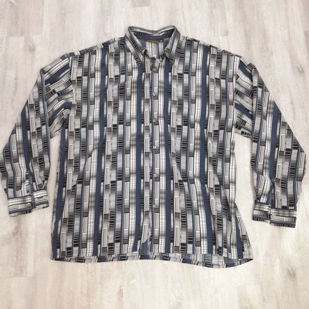 Monzini Collection Shirt L/S Men's Size 2XL Blue Gray Block Stripe Made USA